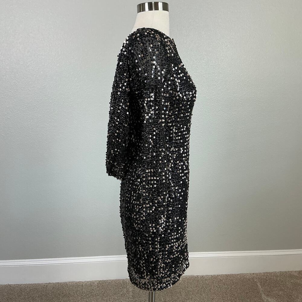 Betsy & Adam Black Sequined Long Sleeve Mini Sheath Cocktail Dress Size 4 LBD - Picture 5 of 13